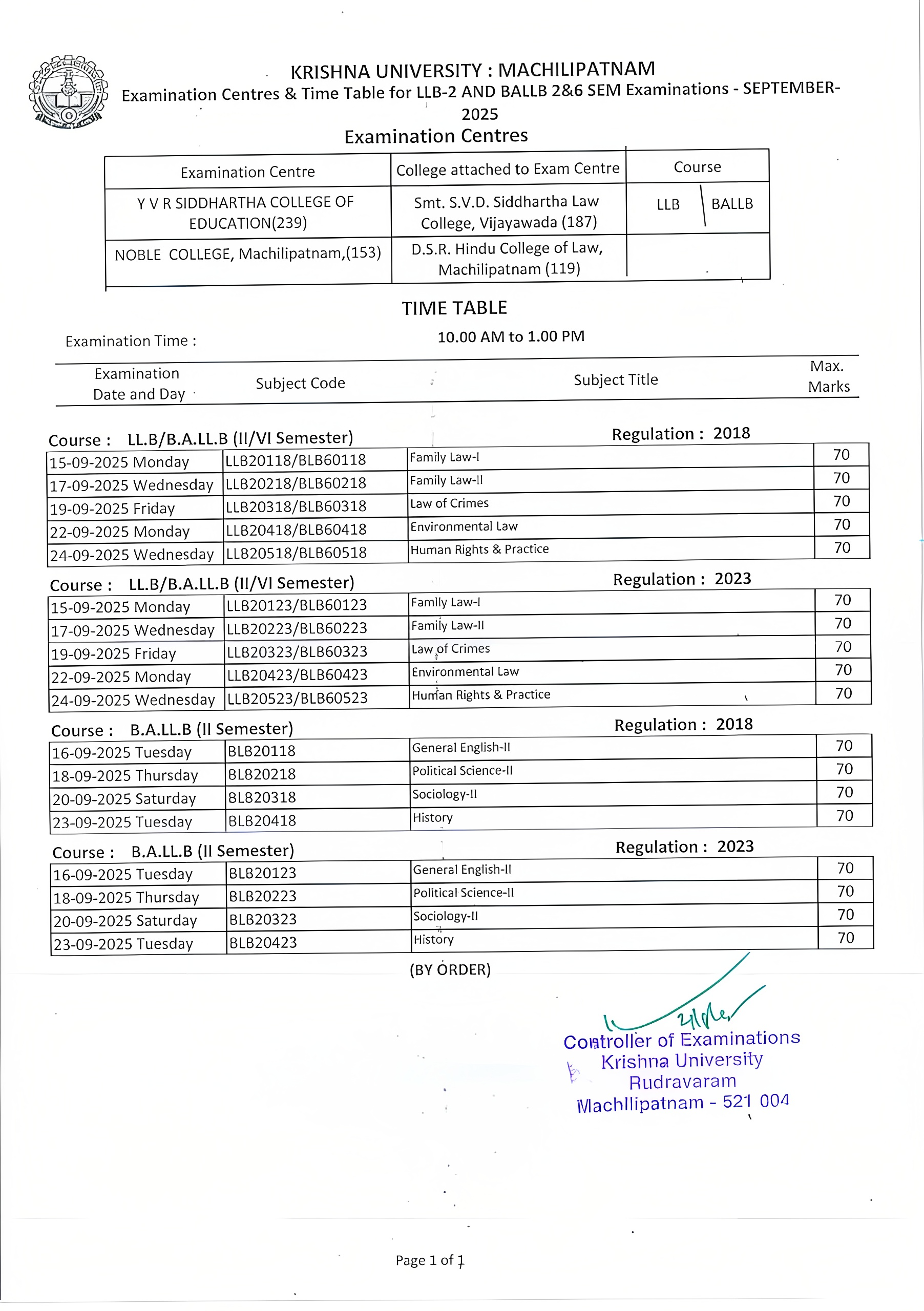 Krishna University Examination Notification